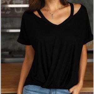 Women's Short Sleeve Collar Stripe Detail V-Neck blouse.